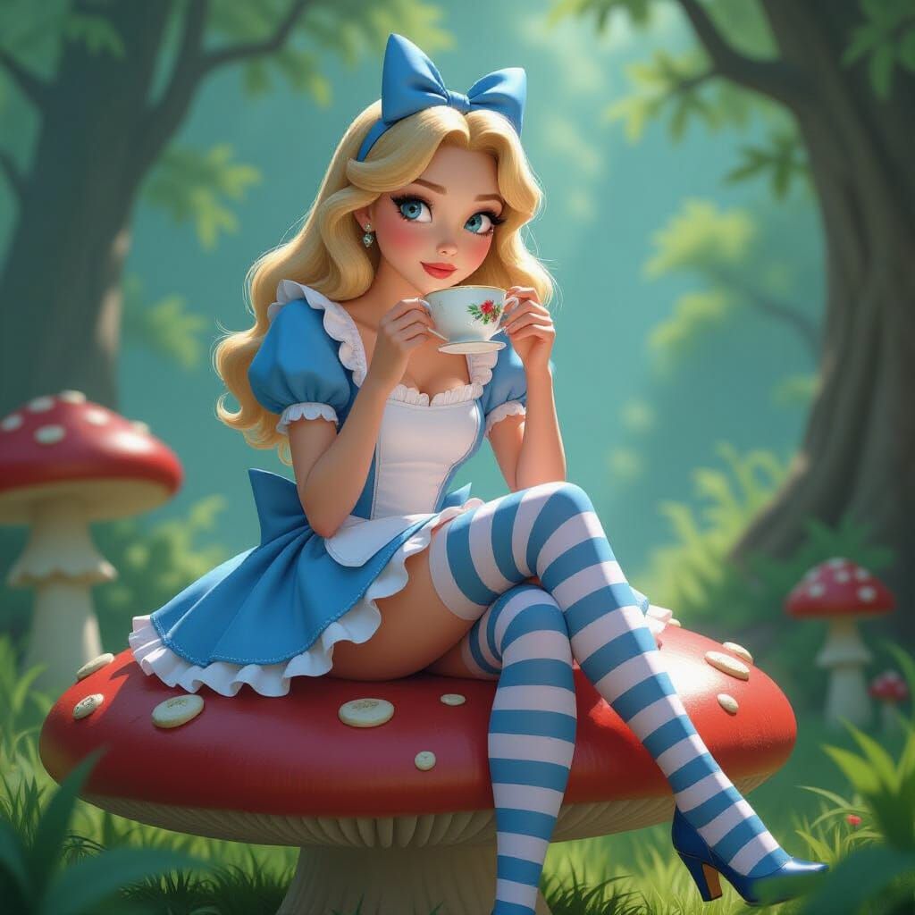 Alice in Wonderland Sipping Tea, Pixar Style