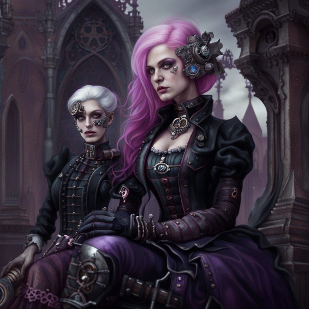Pink-Haired Woman in Cemetery with Steampunk Details