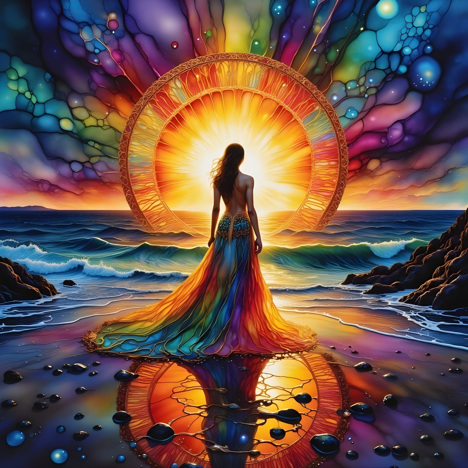 Figure in Gown on Dark Beach with Light Trails