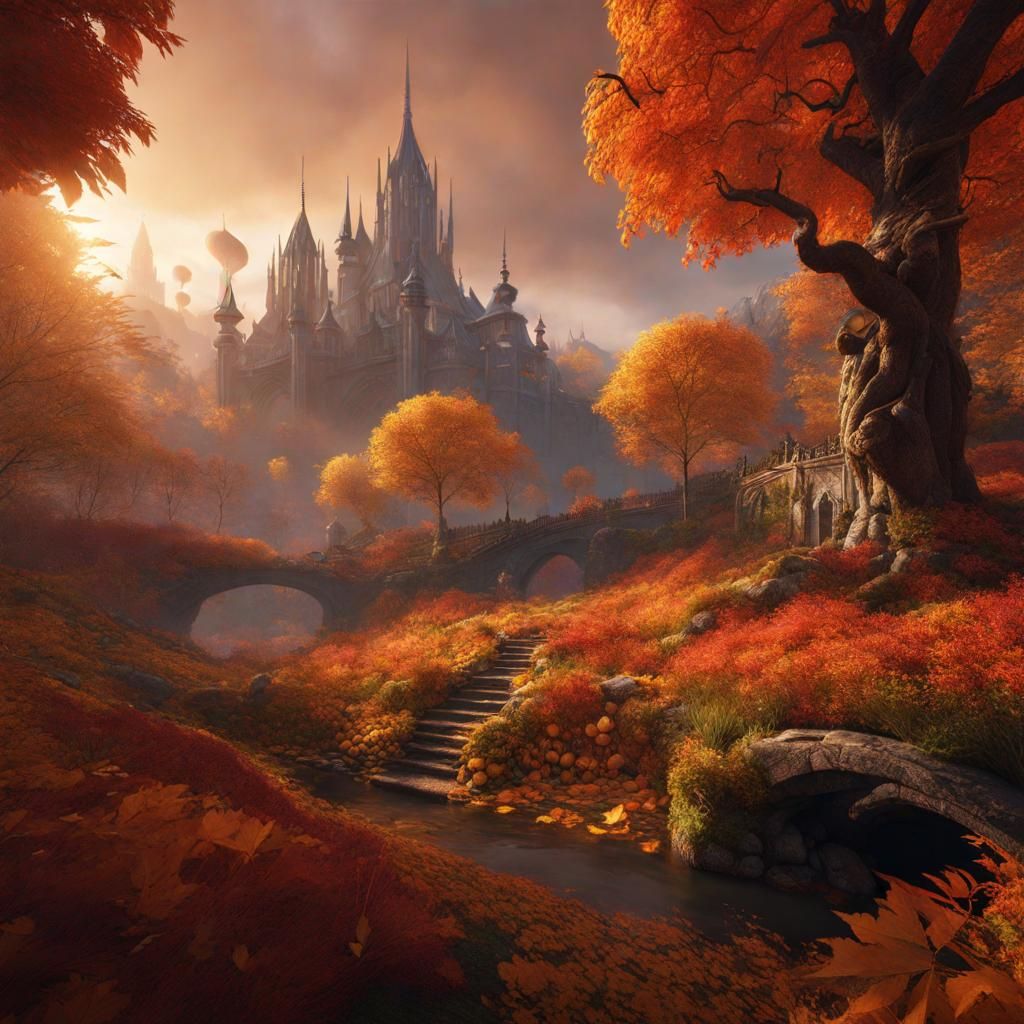 A beautiful autumn in a fantasy forest and beyond