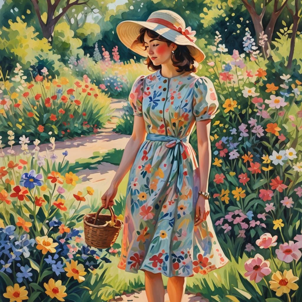 Woman in Garden: Impressionist Painting with Pastel Colors