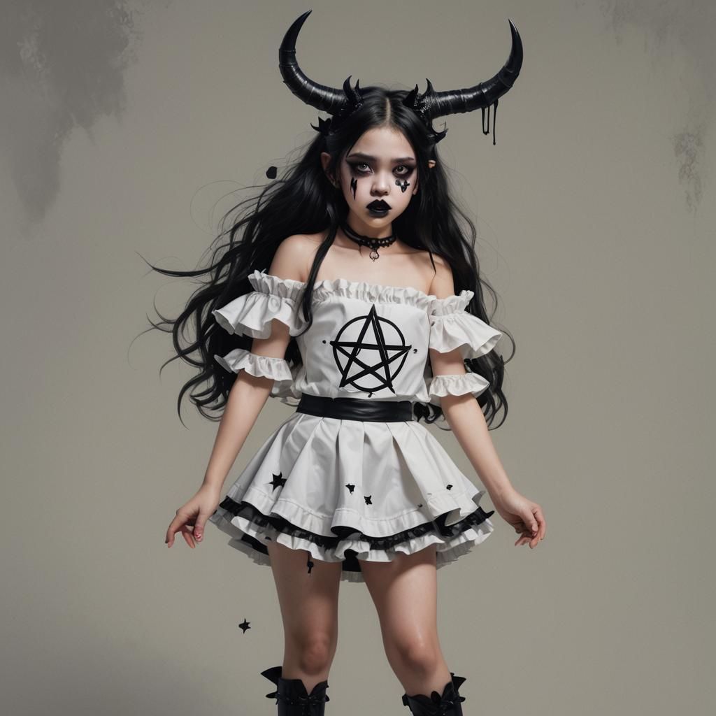 Hyperrealistic Young Girl with Horns and Pentagram Top