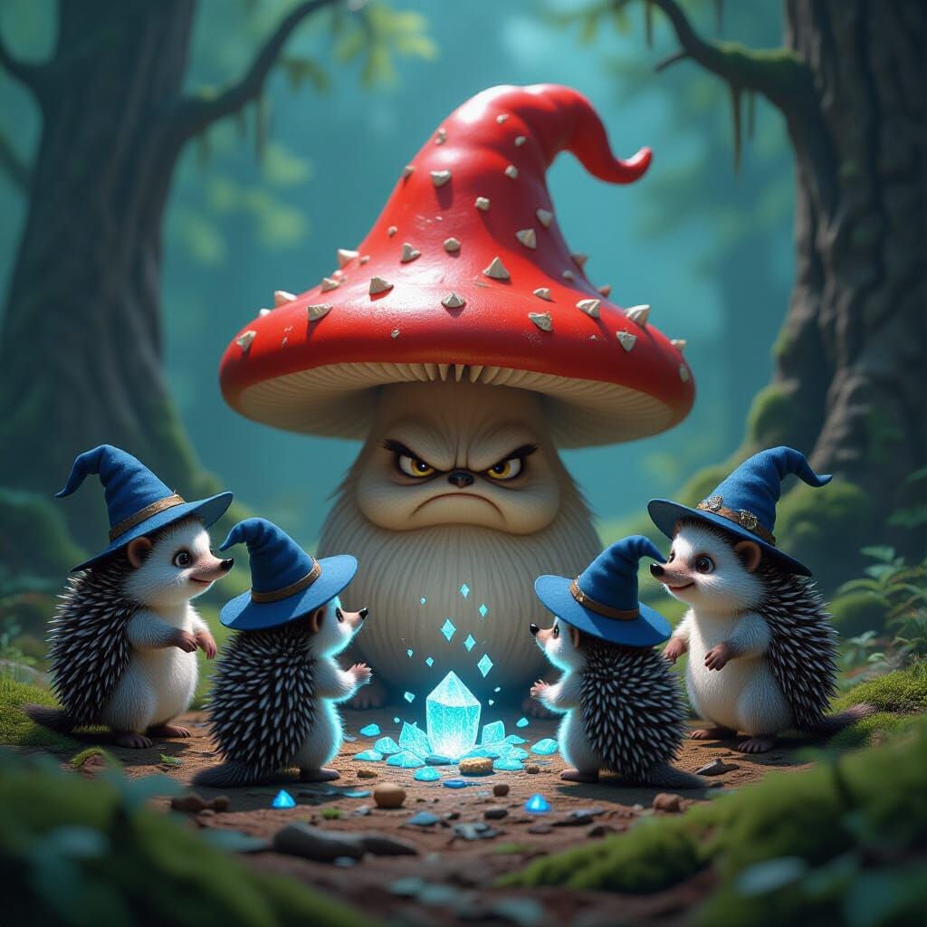 Hedgehog Wizards Cast Spell on Grumpy Mushroom in CGI Dark F...