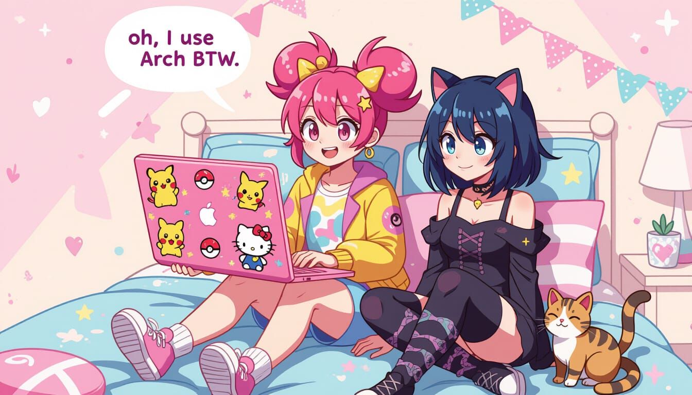 Friends Gaming on a Pink Arch Linux Laptop