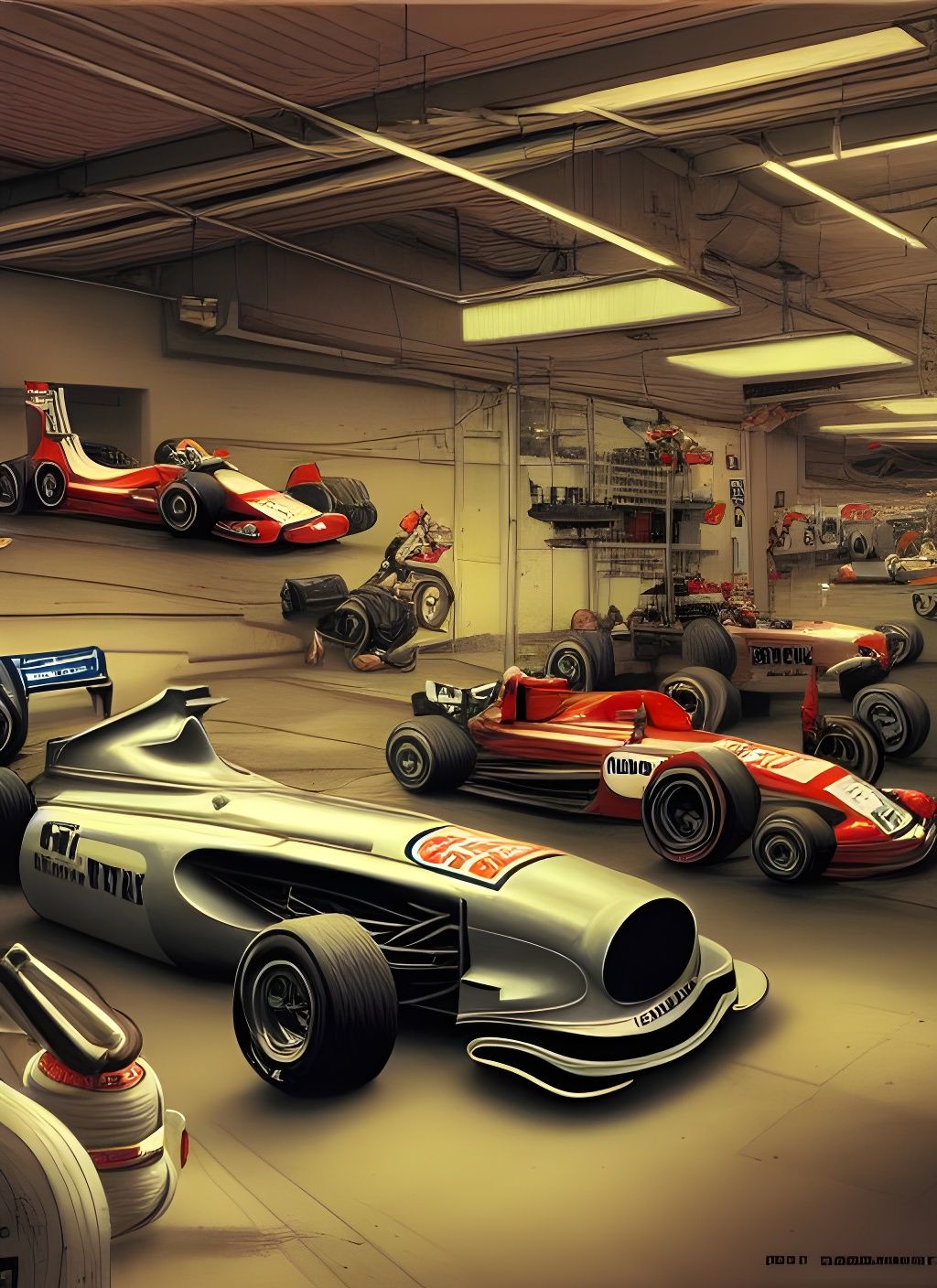 Retro F1 Car Garage in Dieselpunk Style