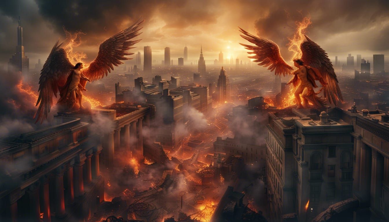 Angels and Demons Clash Over Burning City