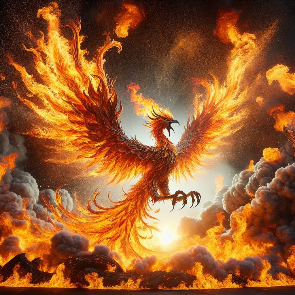 Phoenix Rising from Fiery Explosion: Rebirth