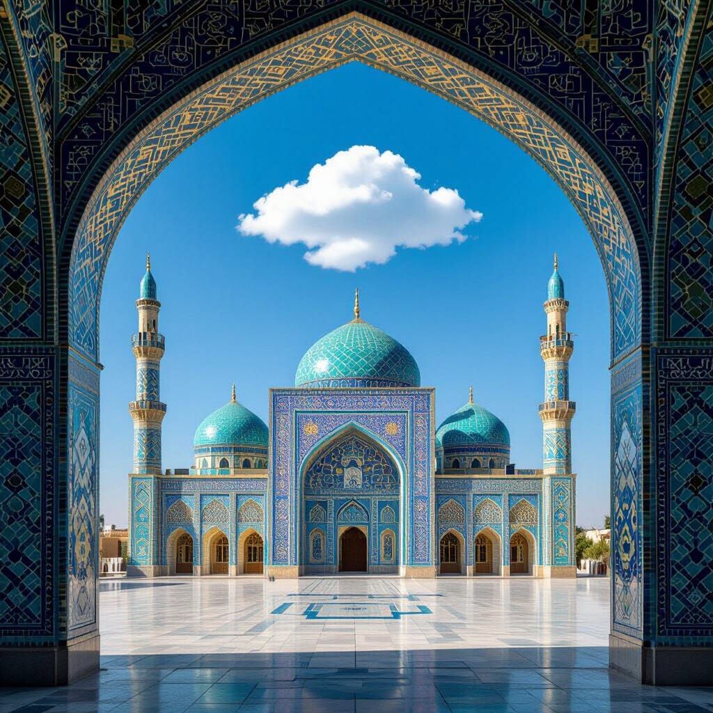 Blue Mosque in Afghanistan with Map Cloud, Digital Art