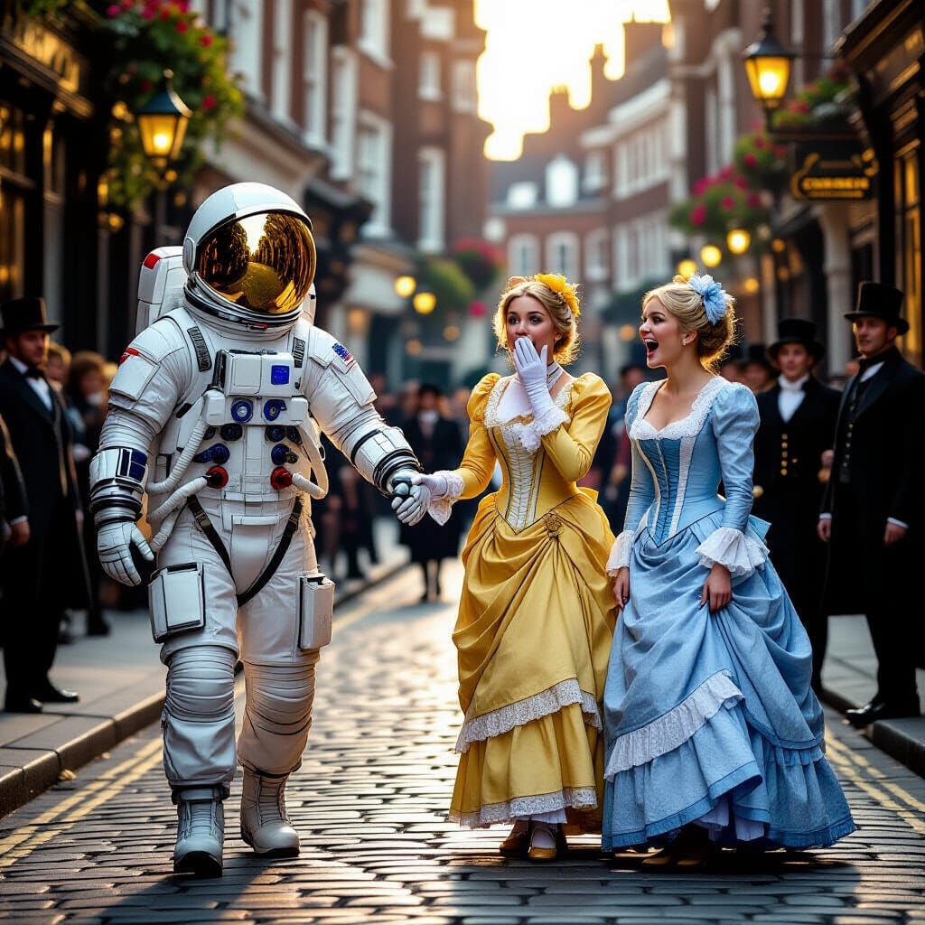 Astronaut Meets Victorian Women in Golden Hour London