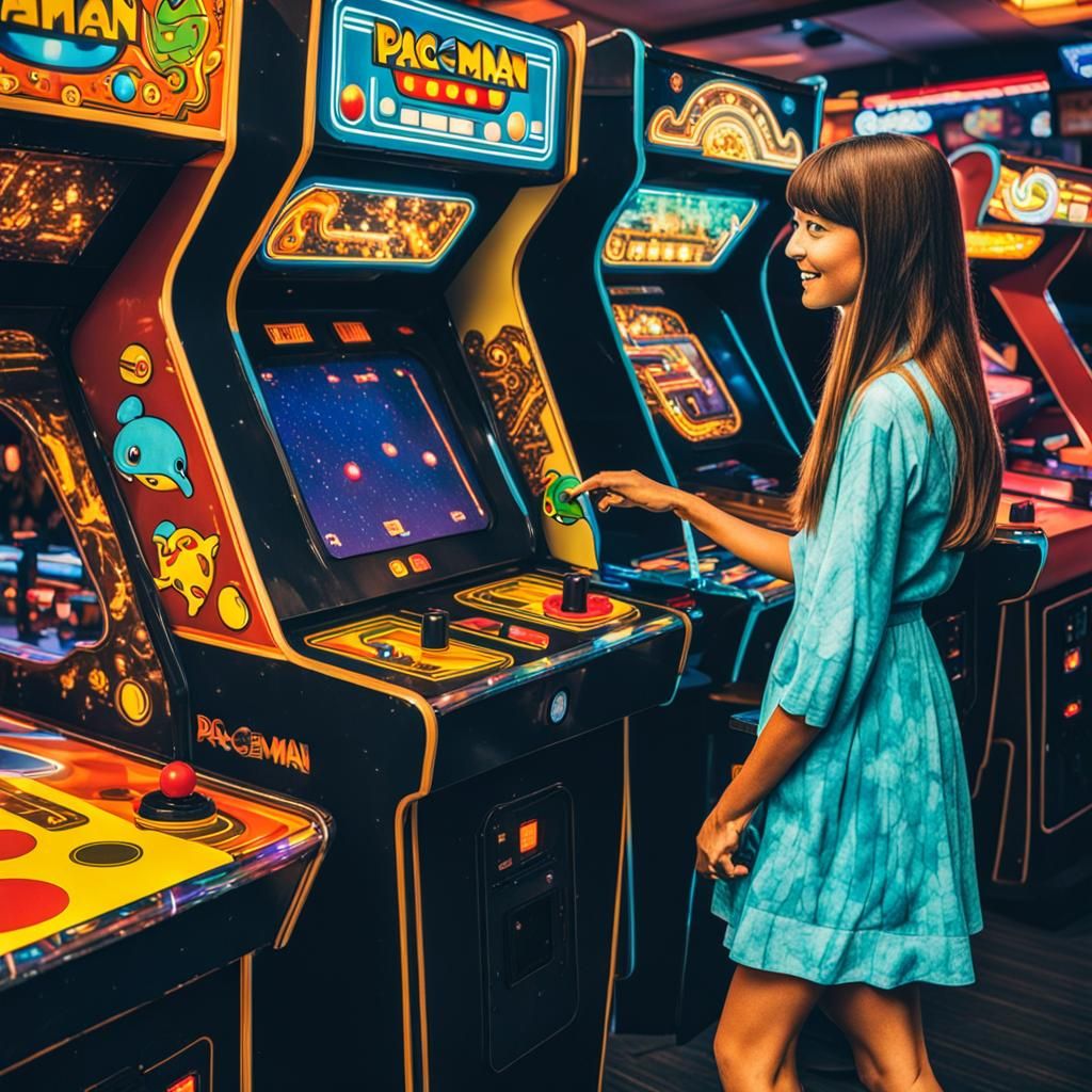 Groovy Turtle-Woman Plays Pac-Man in 1970s Arcade