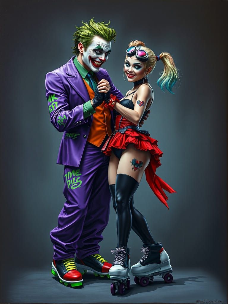 Reimagined Joker and Harley Quinn Tango in Futuristic Street...