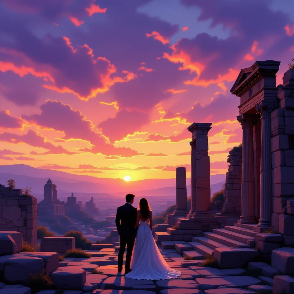 Couple Admires Ancient Ruins at Sunset in Digital Matte Pain...