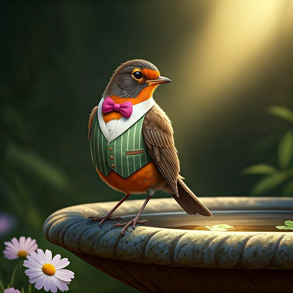 Dapper Robin Preening in Sun-Dappled Forest, Disney Style