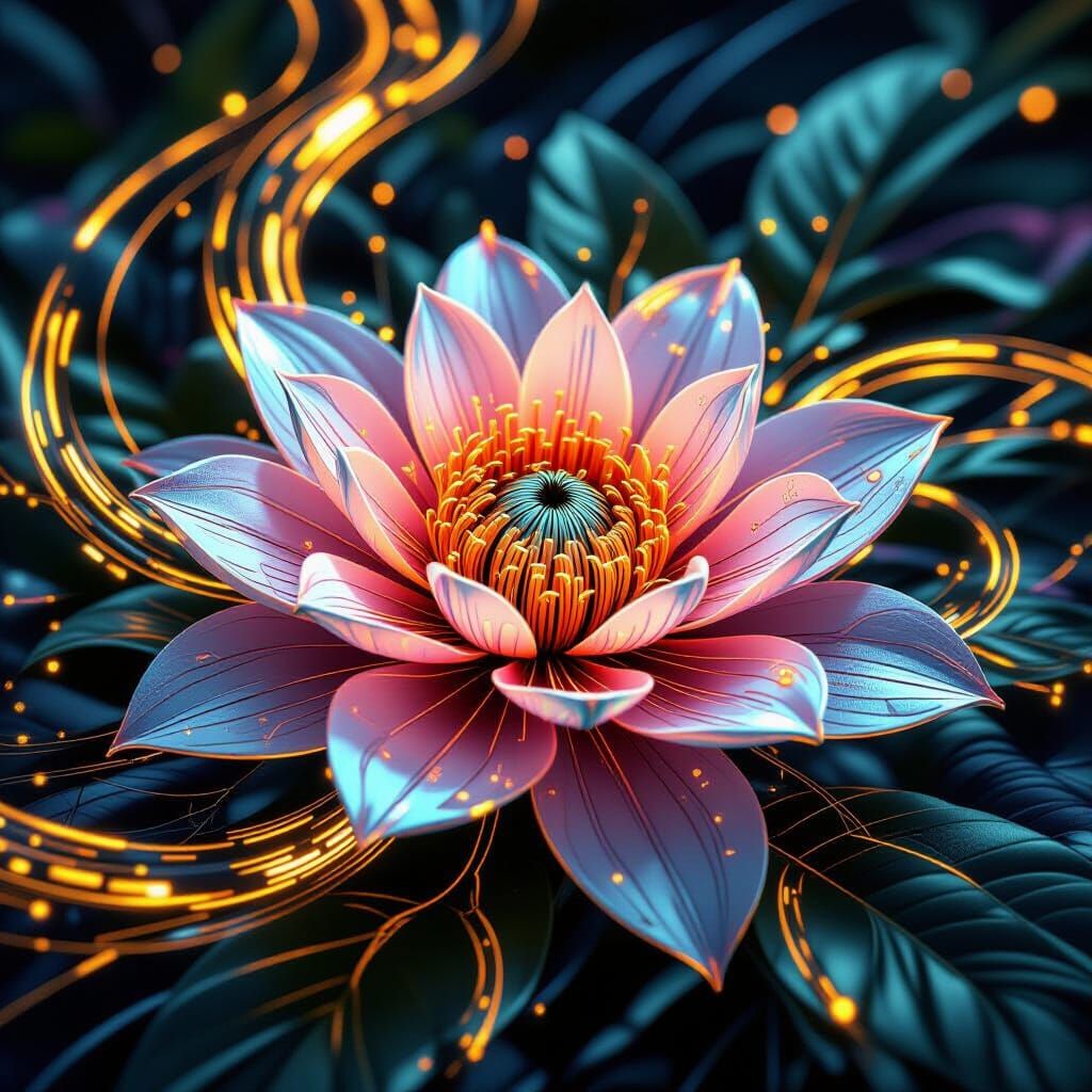 Cyberpunk Flower with Circuits and Neon Aura