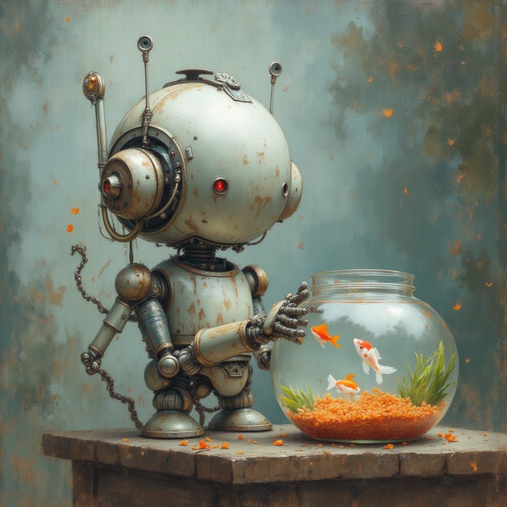Robot with Fishbowl as Brushed Oil Painting