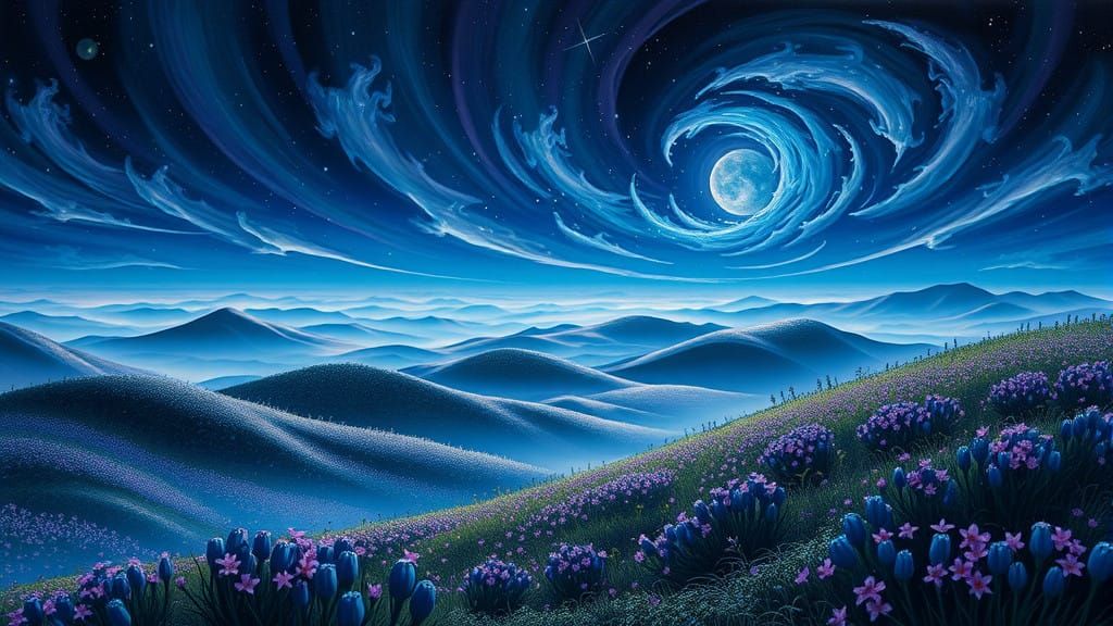 Surreal Dreamscape at Night with Iridescent Mist and Starlig...