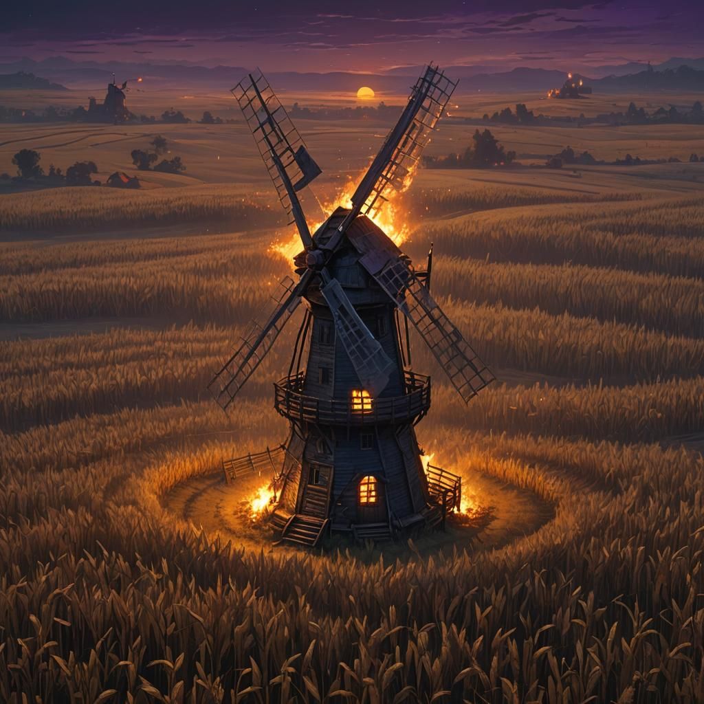 Burning Windmill in Wheat Field: Dark Fantasy Art