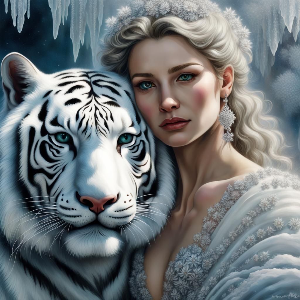 Snow Tiger and Ice Queen: Hyperrealistic Oil Painting