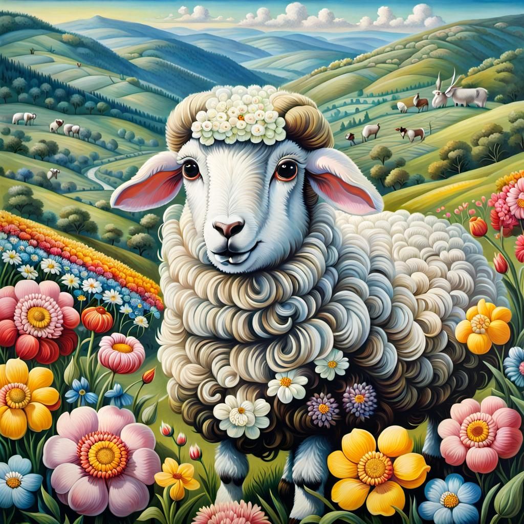 Floral Fleece Sheep in Scenic Valley Oil Painting