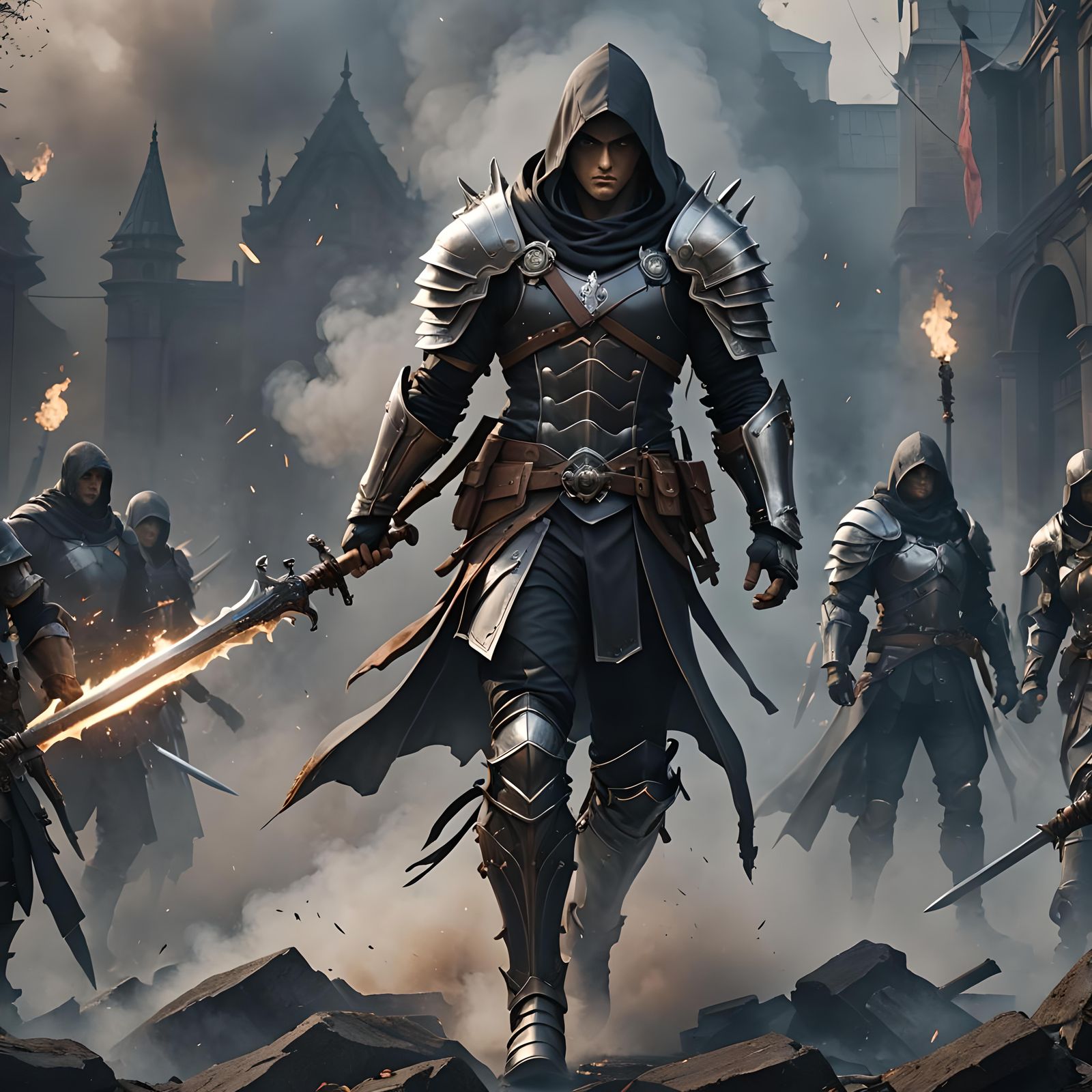 Hooded Warrior Emerges from Smoke: 3D Anime Art