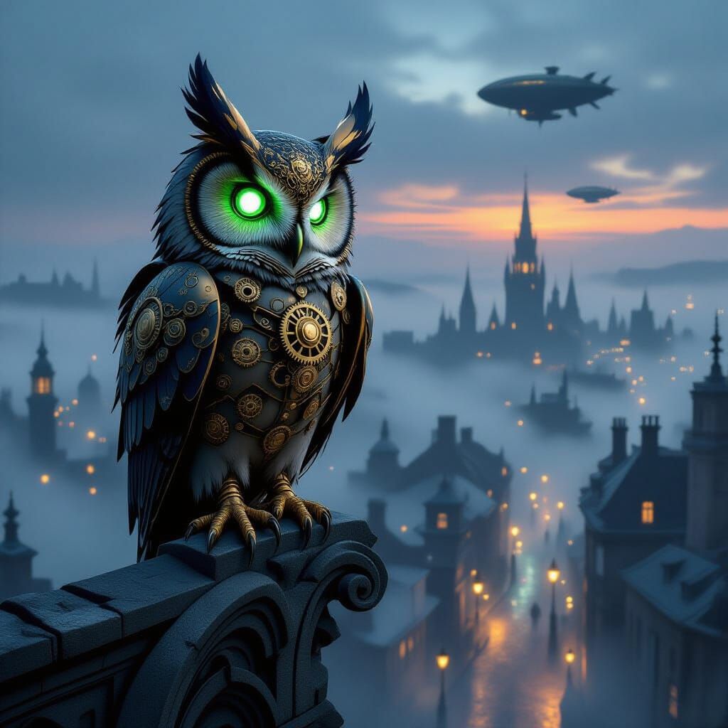 Steampunk Mechanical Owl on Gargoyle Over Foggy Victorian Ci...