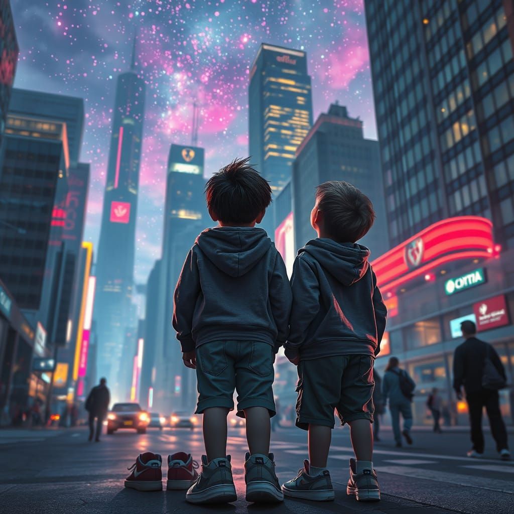 Cyberpunk Children Gaze Up at Neon City Skyline
