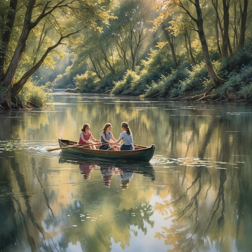 Girls Rowing Boat: Impressionistic Watercolour Painting