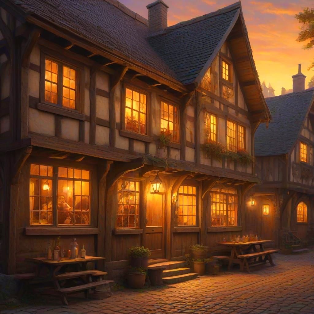 Medieval Fantasy Tavern with Patrons in Larry Elmore Style
