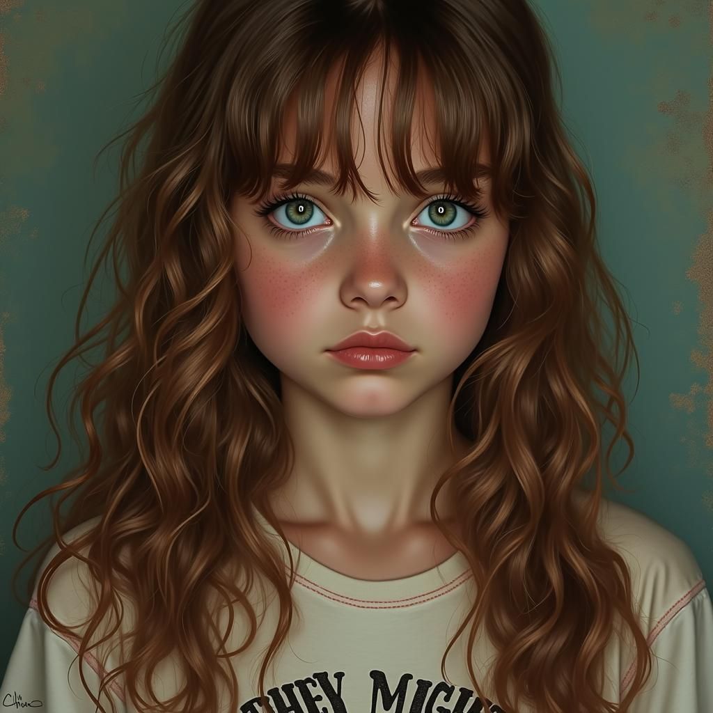 Hyperrealistic Portrait of Girl with Blue-Green Eyes