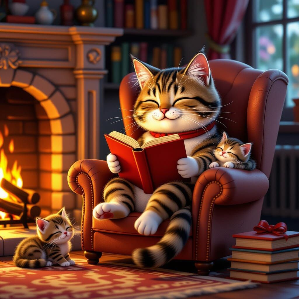 Tabby Cat Reads to Kittens by Fireplace