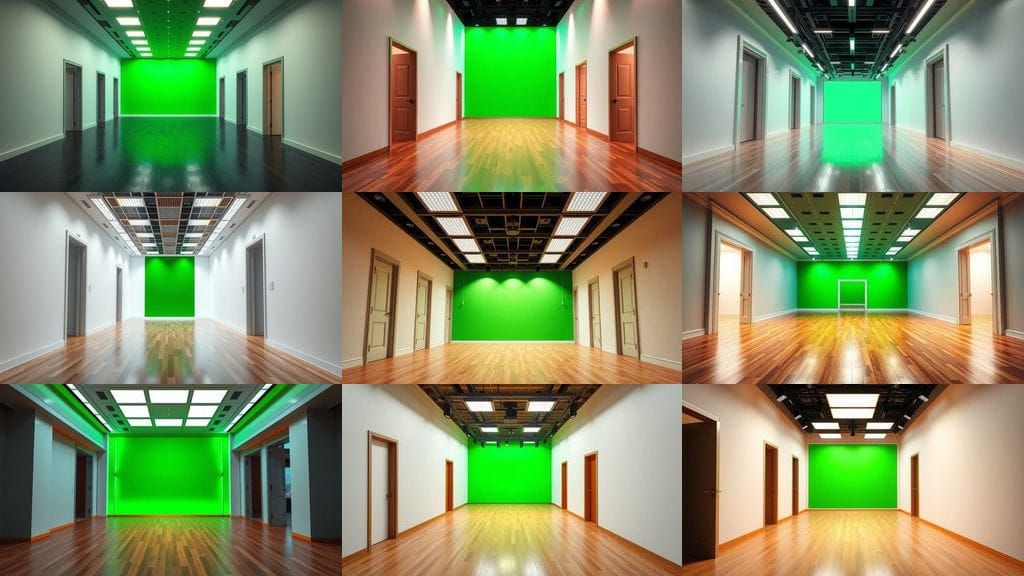 Modern Television Studio Hallway in Vibrant Green and White