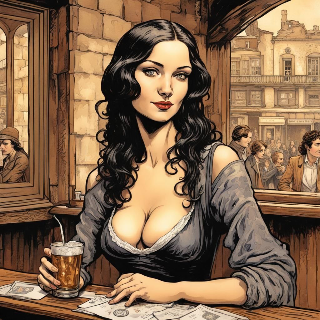 Mona Lisa in Tavern, Black Ink Comic Style