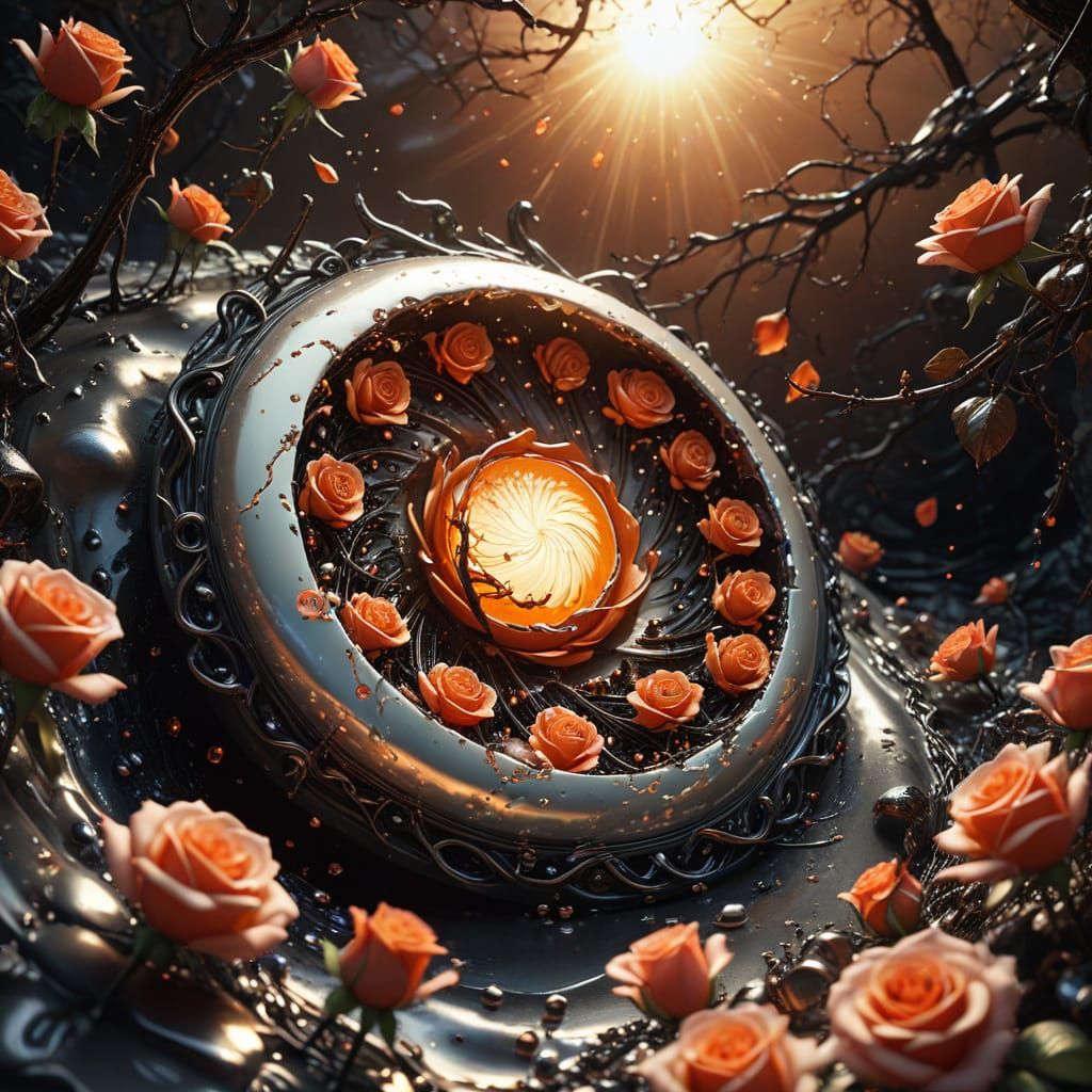 Molten Pearl Vortex with Crimson Roses