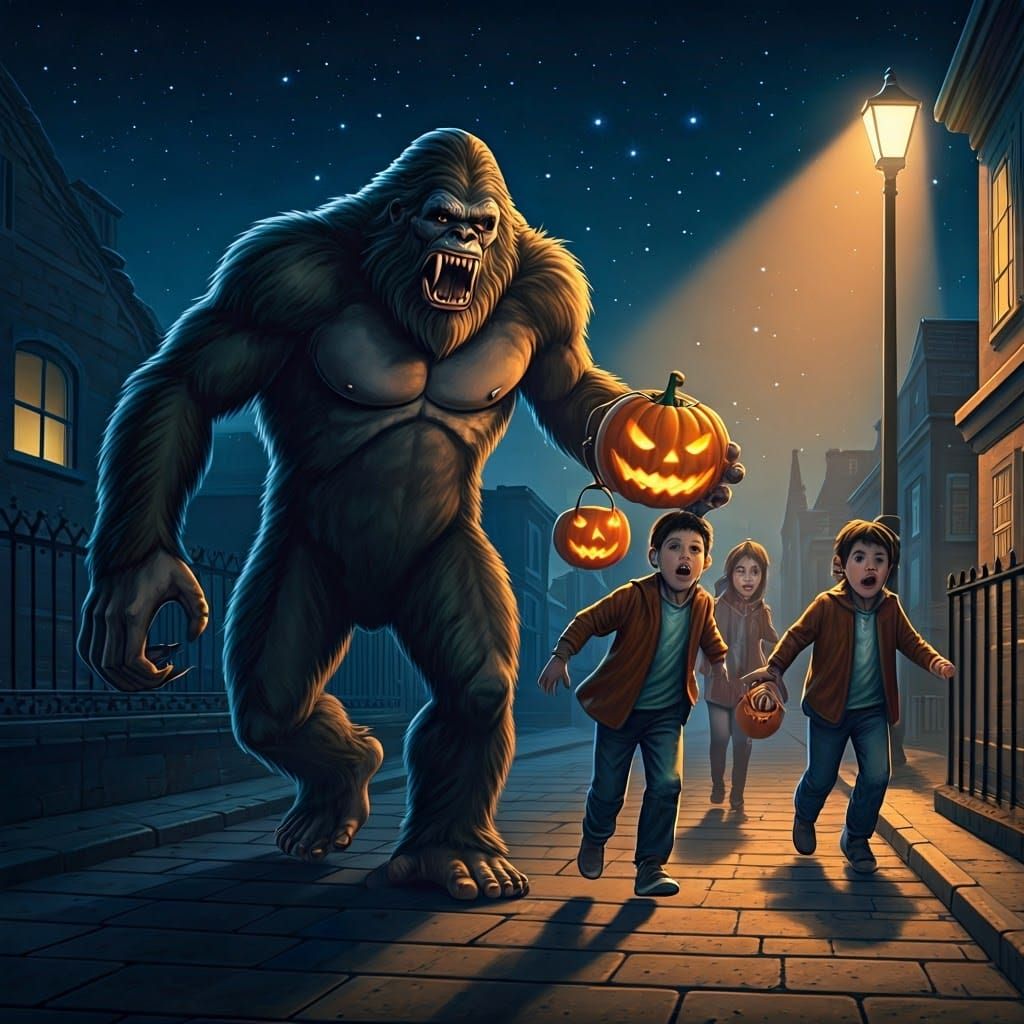 Fanged Bigfoot and Jack-O-Lantern Chase Trick-or-Treaters