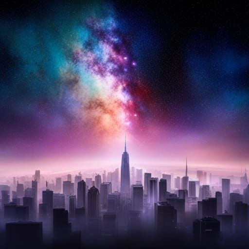 Hyperdetailed Nebula Over City Skyline at Night