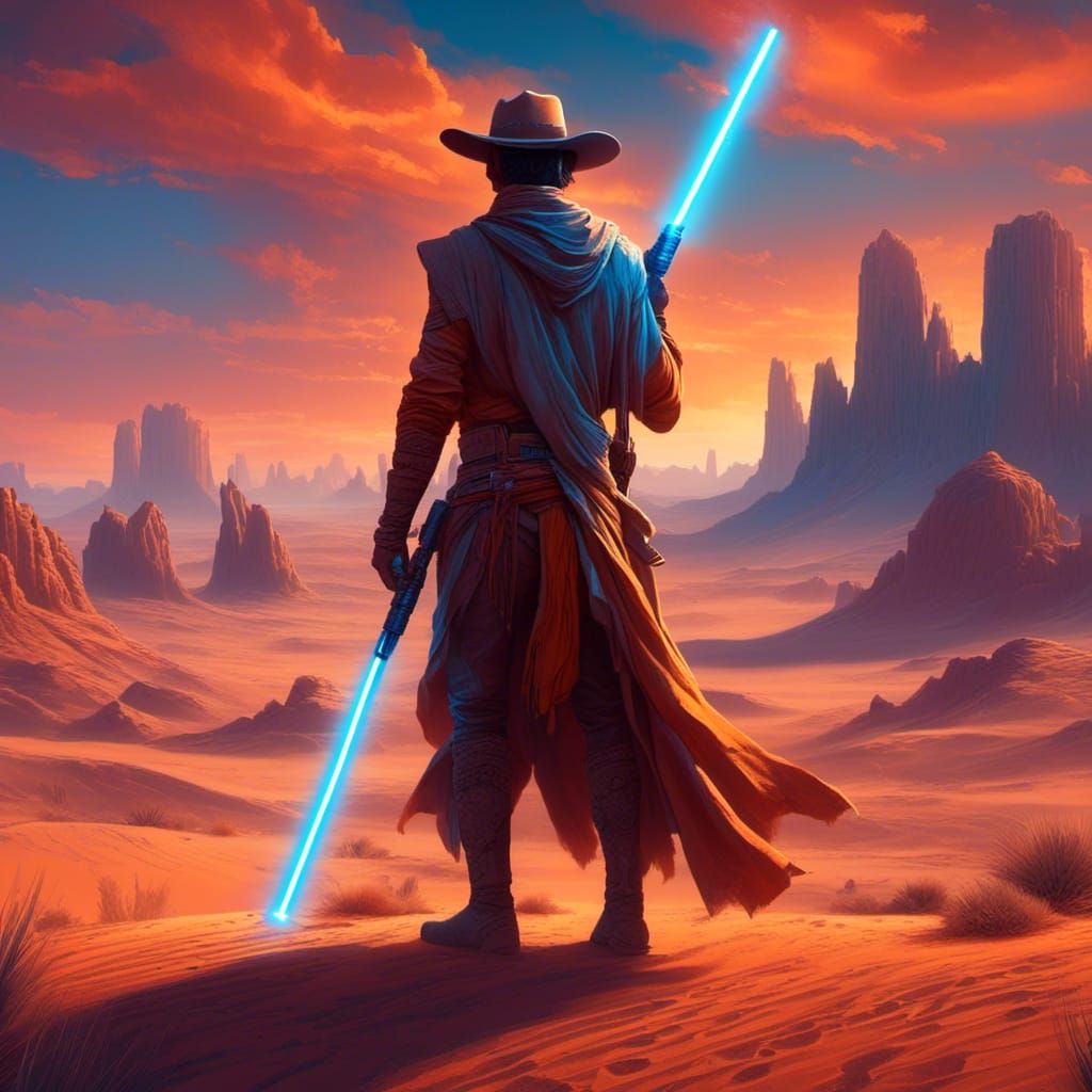 Cowboy Jedi in Mystical Desert Landscape