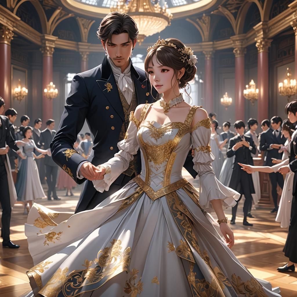 Aristocratic Girl Dancing with Boy in Anime Style