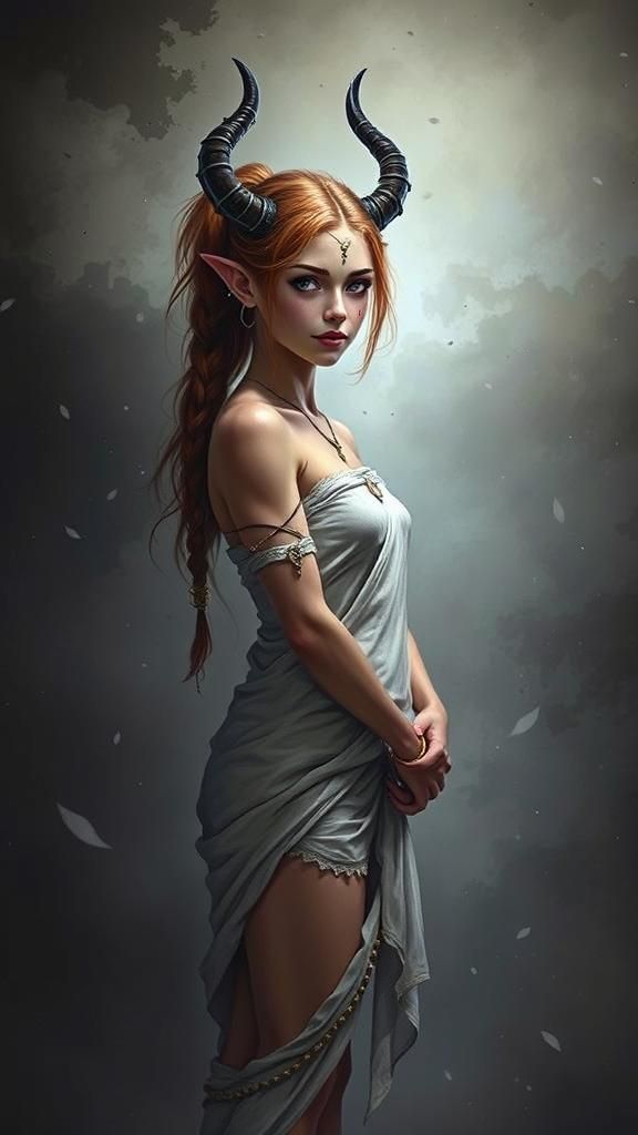 Confident Tiefling Woman with Braids and Roman Toga