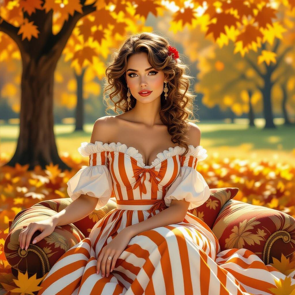 Elegant Woman in Autumn Park, Art Nouveau Style