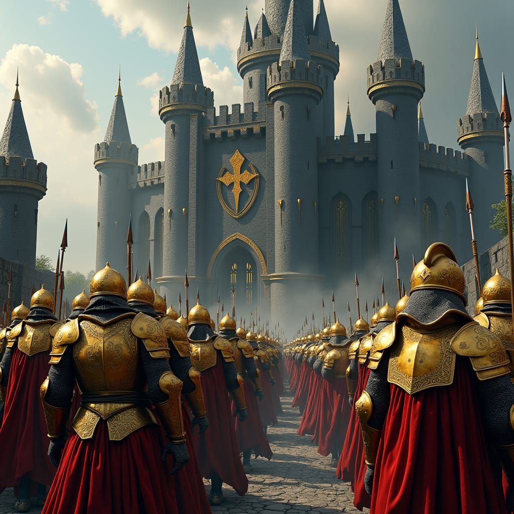 Golden Knights Defend Gothic Castle: Fantasy Concept Art