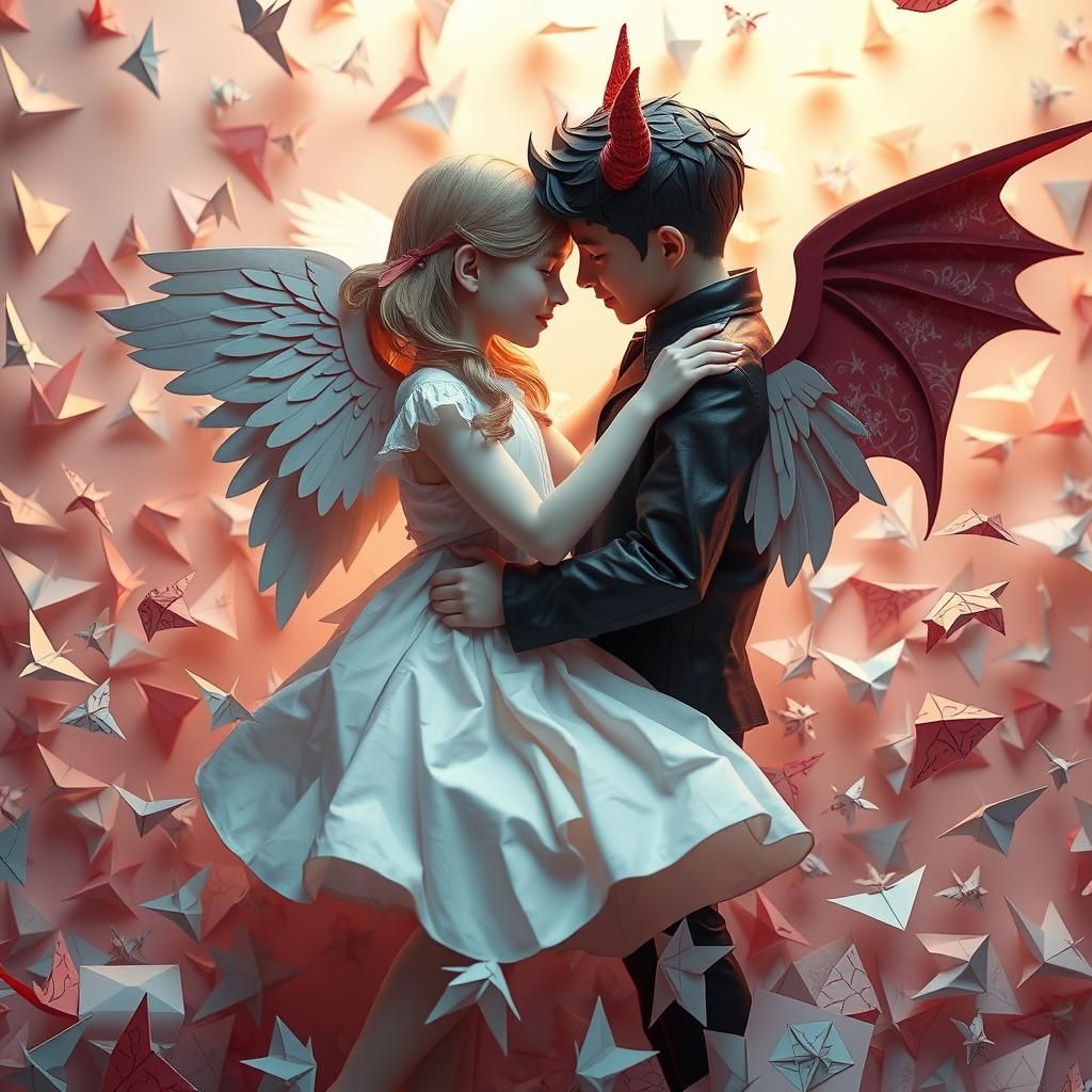 Angel and Devil Embrace in Origami Sea