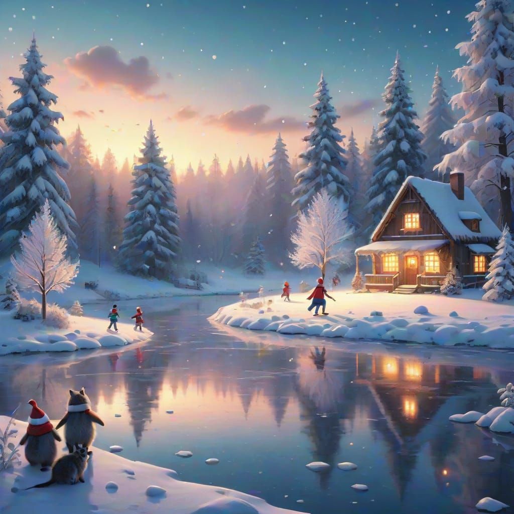 Whimsical Winter Wonderland Scene with Ice-Skating Family an...