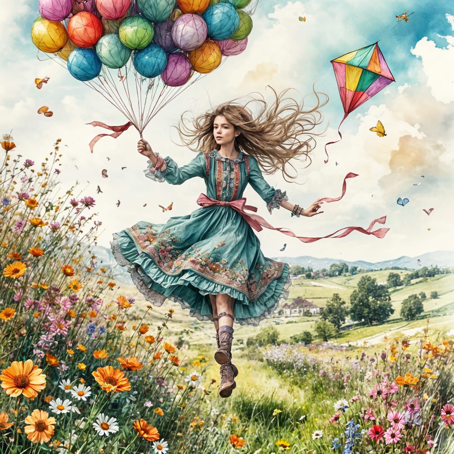 Child Flying Kite in Field of Flowers