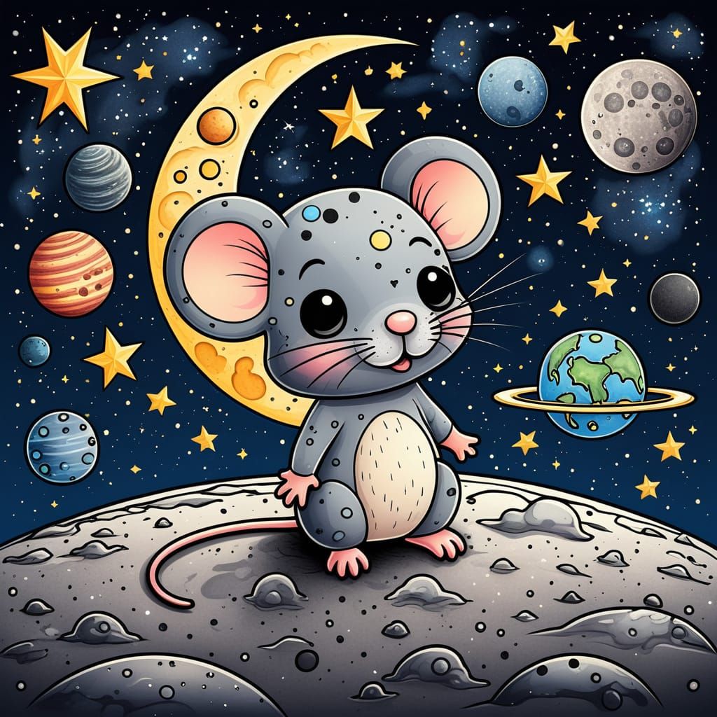 Chibi Mouse on Moon Tattoo Sheet Design