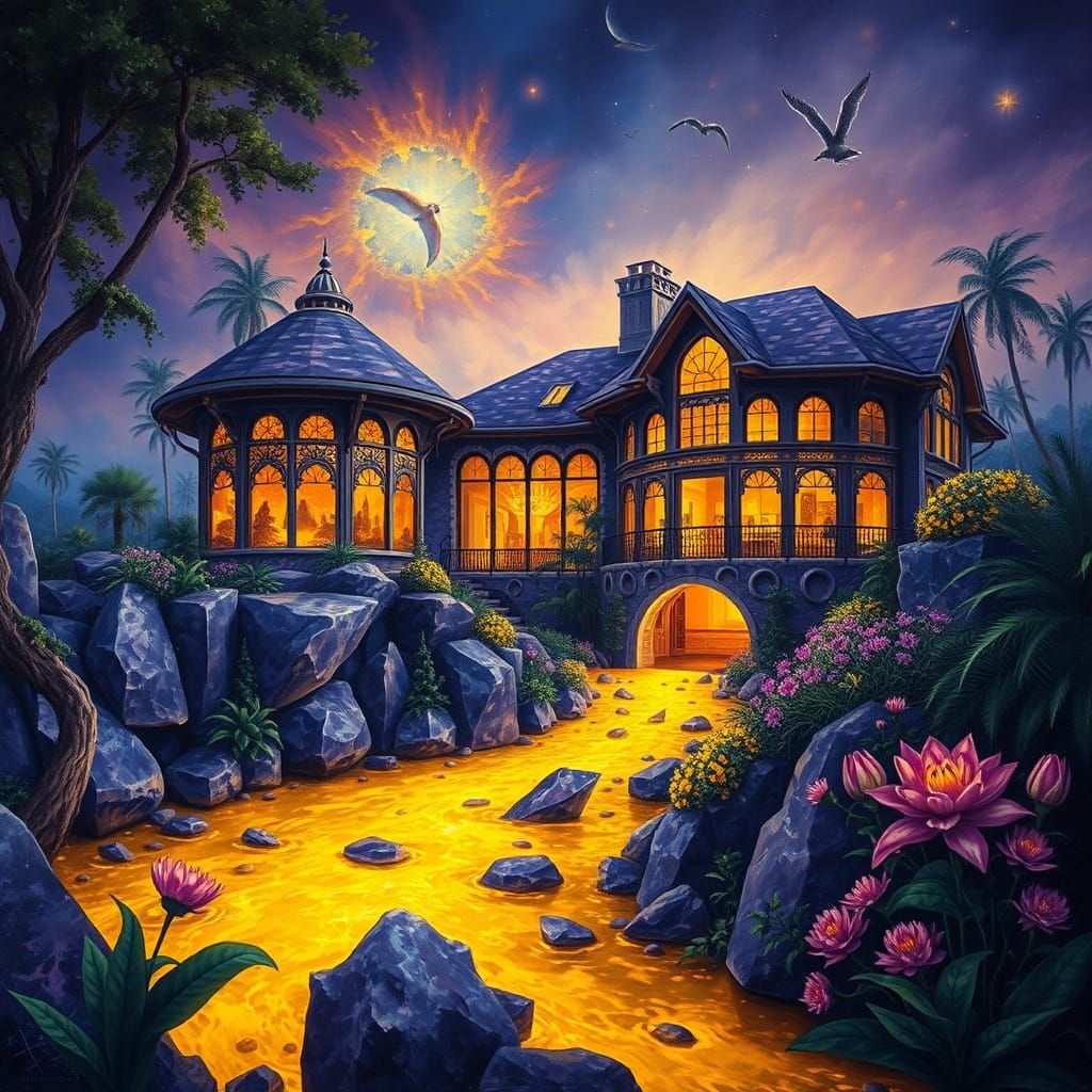 Amethyst Gemstone Home in Bioluminescent Landscape