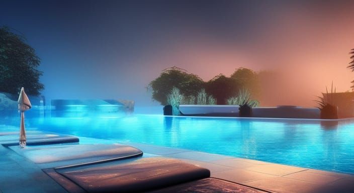 Golden Hour Swimming Pool: Cinematic Digital Art