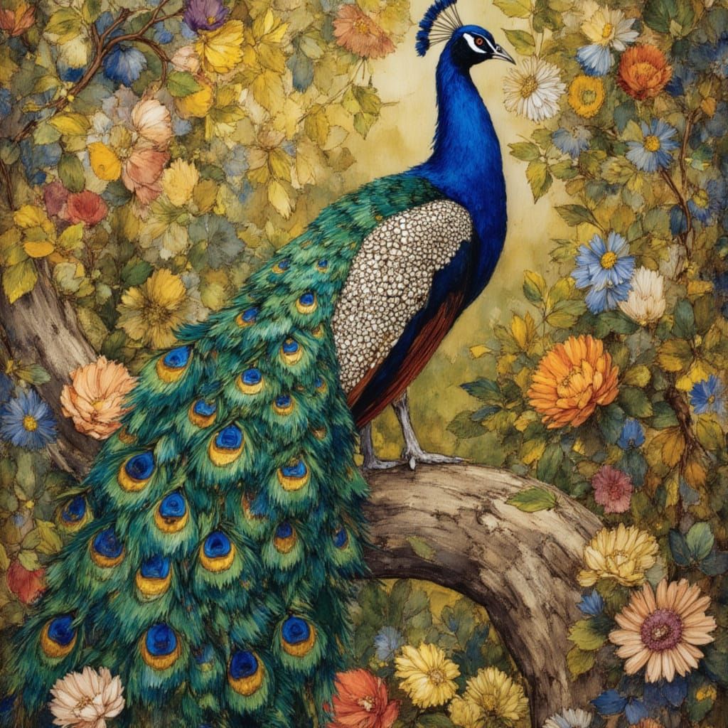 Art Nouveau Peacock in Tea Garden, Klimt Style