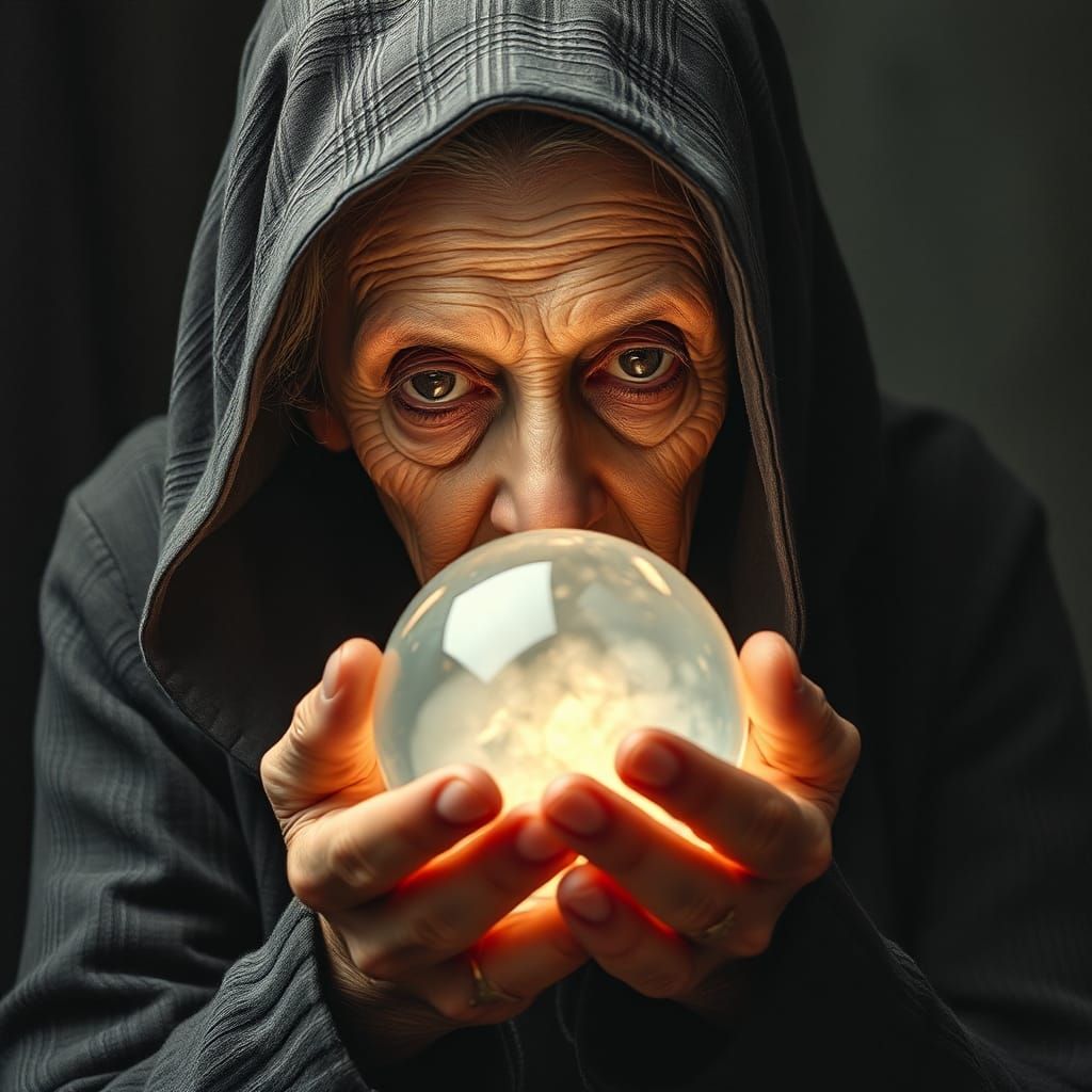 Old Woman Stares into Crystal Ball