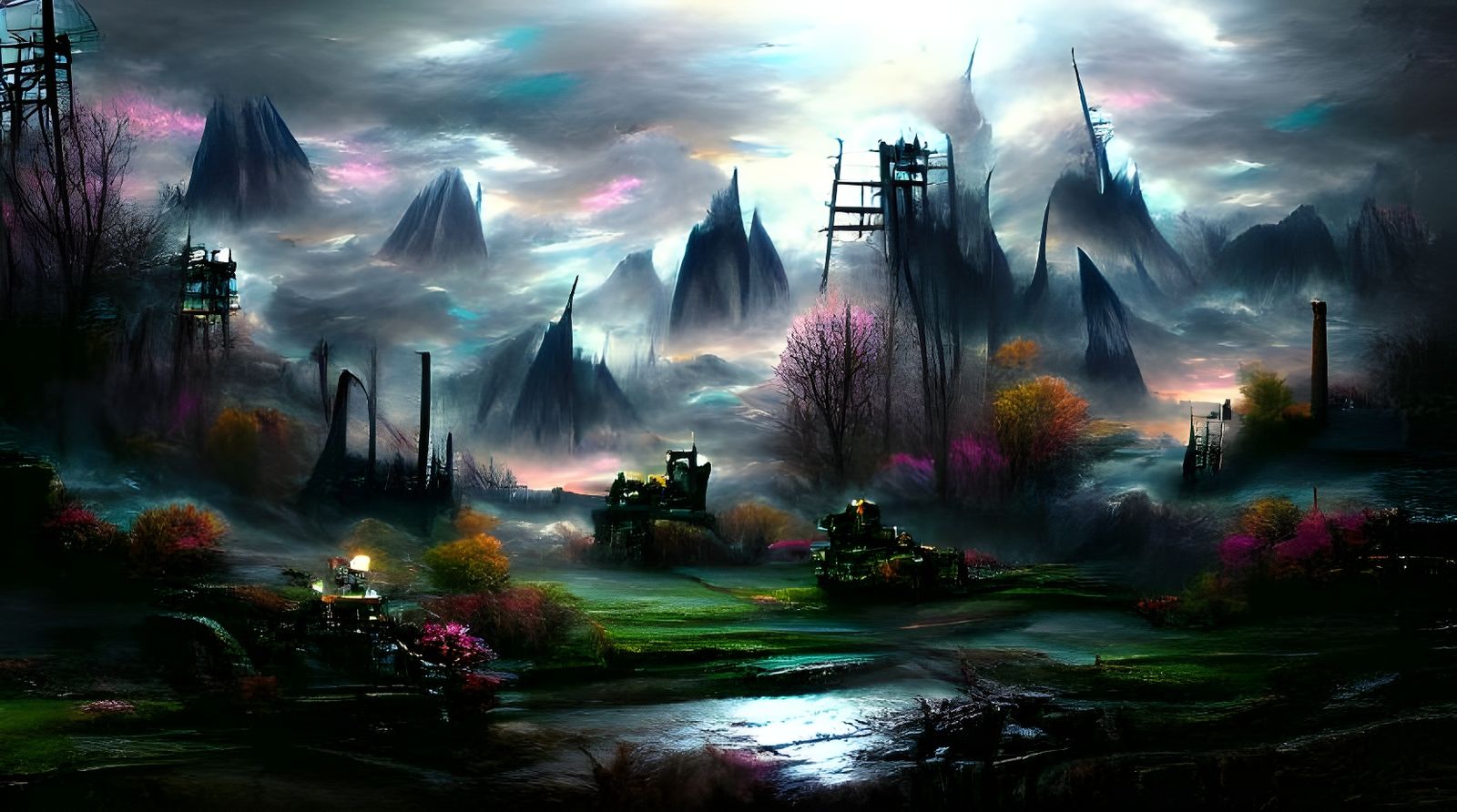 Dark Fantasy Landscape with Cyber Knights