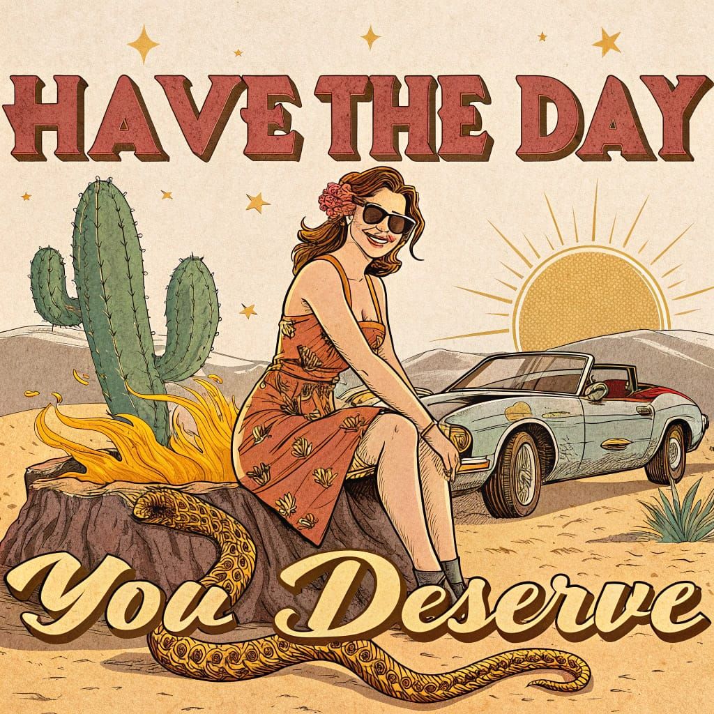 Vintage Desert Goddess Amidst Wrecked Convertible on Fire